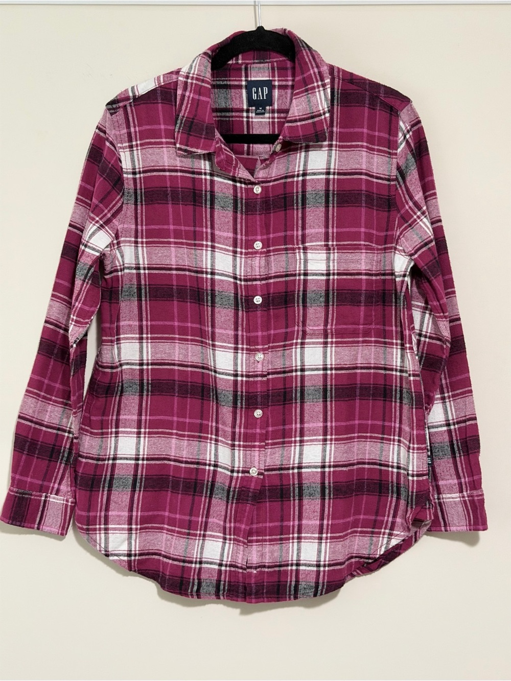 GAP Fushia Black and White Plaid Button Down Long Sleeve Shirt